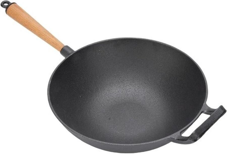Gietijzeren Wokpan Roerbakpan Multifunctioneel Aziatisch Koken Gelijkmatige Warmteverdeling 30 cm Zwart