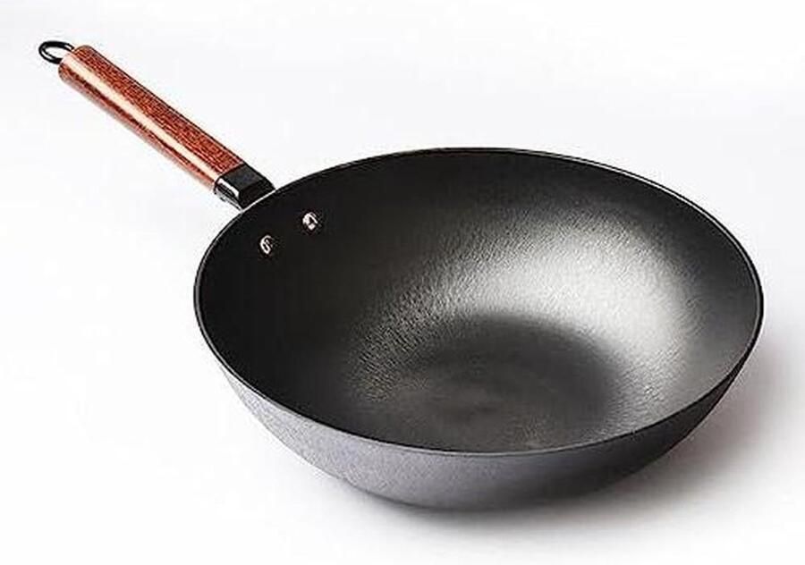 Gietijzeren Wokpan Roerbakpan Platte Bodem Gezond Koken Natuurlijke Antiaanbaklaag 30 cm Zwart