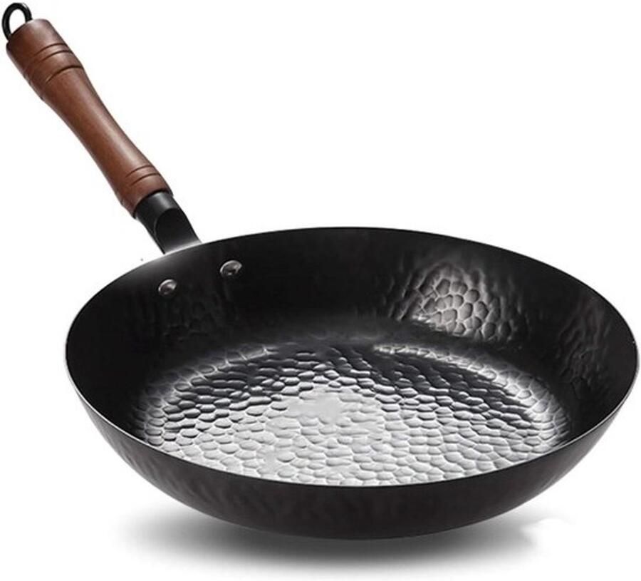 Gietijzeren Wokpan Roerbakpan Rookloos Koken Slijtvast Oppervlak 28 cm Zwart