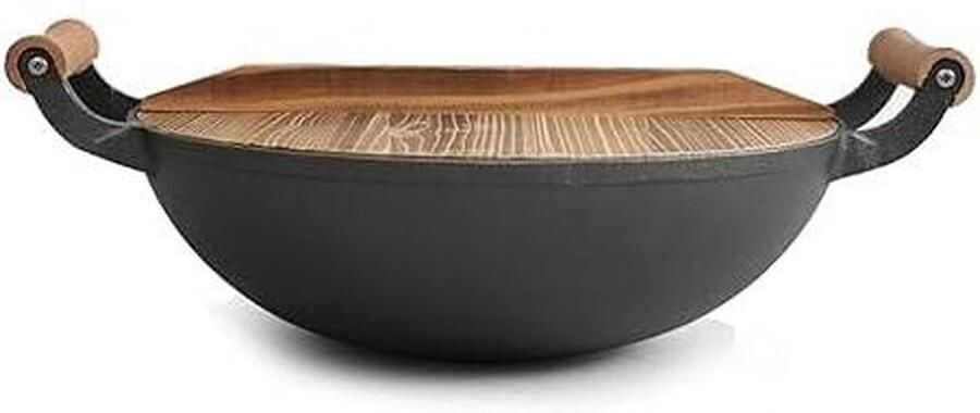 Gietijzeren Wokpan Roerbakpan Wok Gezond Koken Antiaanbaklaag 36cm Zwart