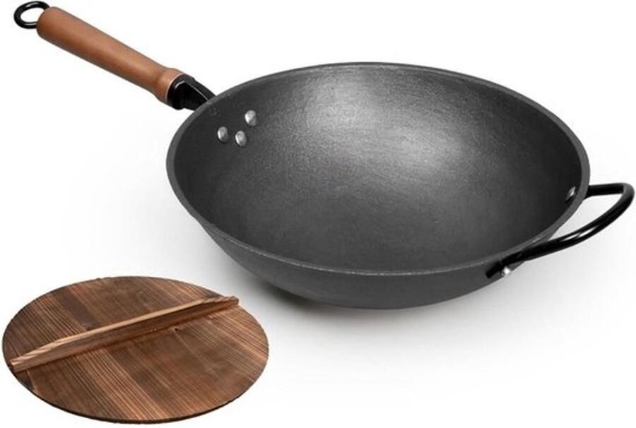 Gietijzeren Wokpan Roestvrij staal Aziatisch koken Platte bodem 5 Liter Zwart
