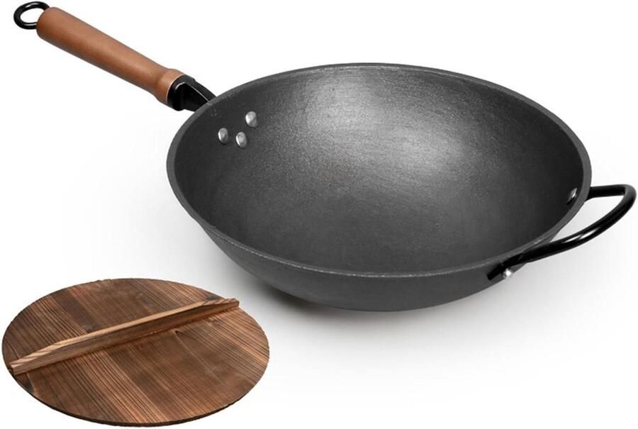 Gietijzeren Wokpan Roestvrij staal Aziatisch koken Platte bodem 5 Liter Zwart