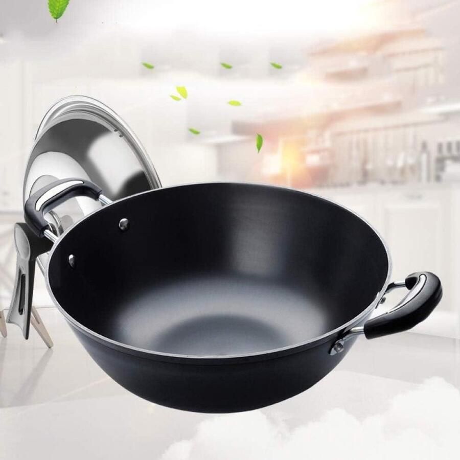 Gietijzeren Wokpan Stoofpan Koekenpan Roerbakken Koken Natuurlijke Antiaanbaklaag 38 cm Zwart