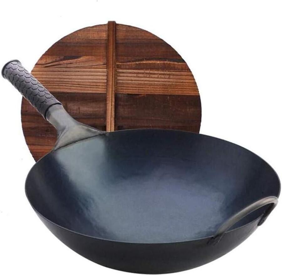 Gietijzeren Wokpan Wok met Deksel Gezond Koken IJzerverrijking 36 cm Zwart