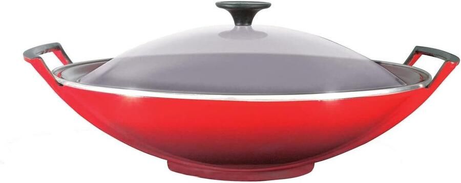 Gietijzeren Wokpan Wok met Deksel Vetarm Koken Gelijkmatige Warmteverdeling 36 cm Kersenrood