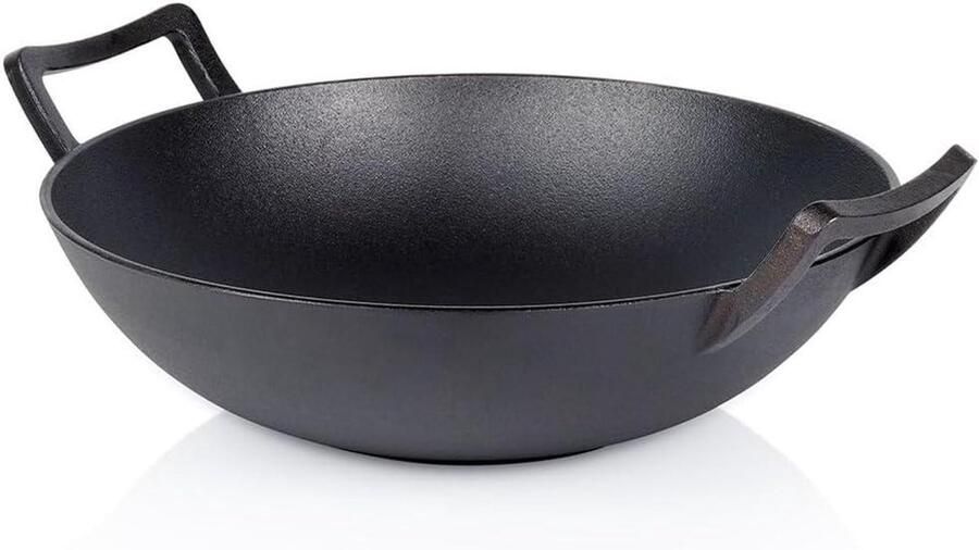 Gietijzeren Wokpan Wok Pan Aziatisch Koken Gelijkmatige Warmteverdeling 36 cm Zwart