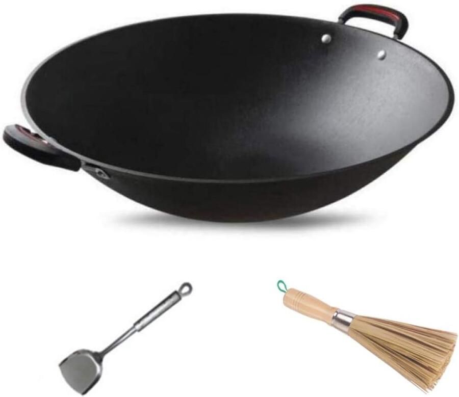 Gietijzeren Wokpan Zware Ronde Bodem Authentiek Koken Inclusief Borstel Spatel 40 cm Diameter
