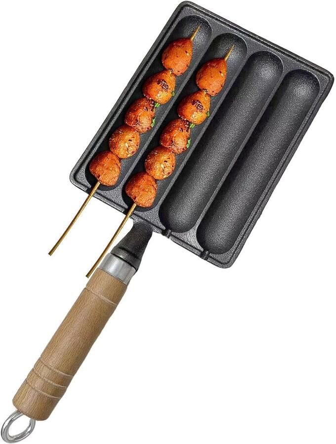 Gietijzeren Worstpan Grill Pan Worst Grillen Houten Handvat 22x16cm Zwart