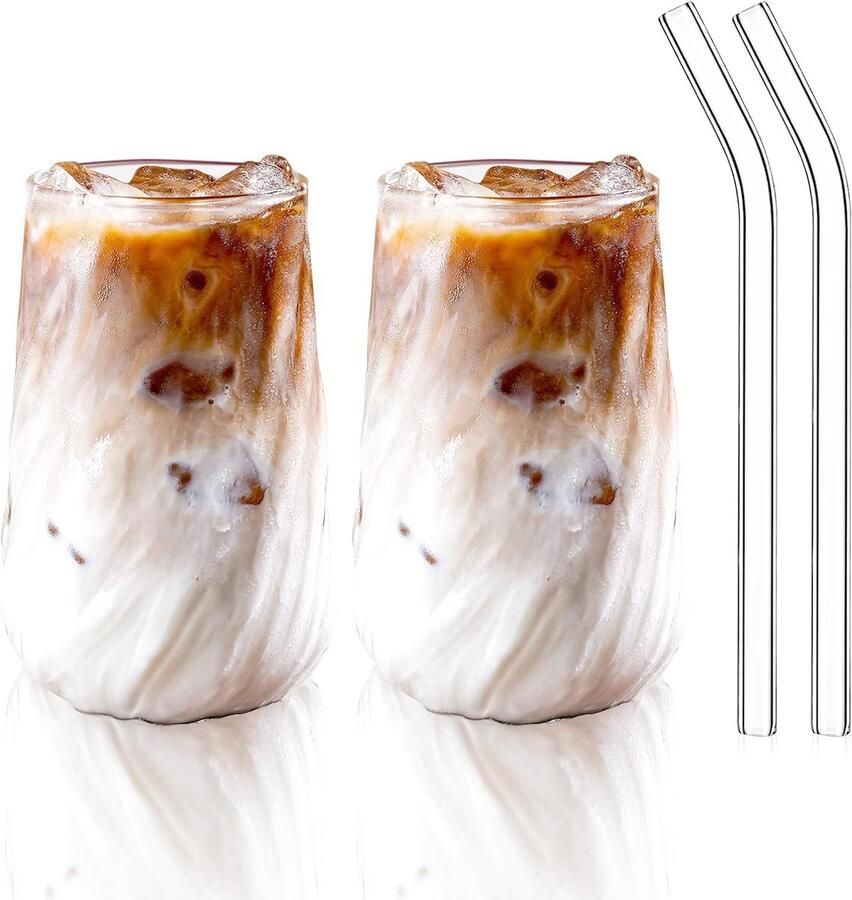 Glas 400 ml ijskoffieglazen fancy geribbelde waterglazen van borosilicaatglas drinkglas van transparant glas voor limonade cocktails sappen cappuccino matcha (2 stuks)
