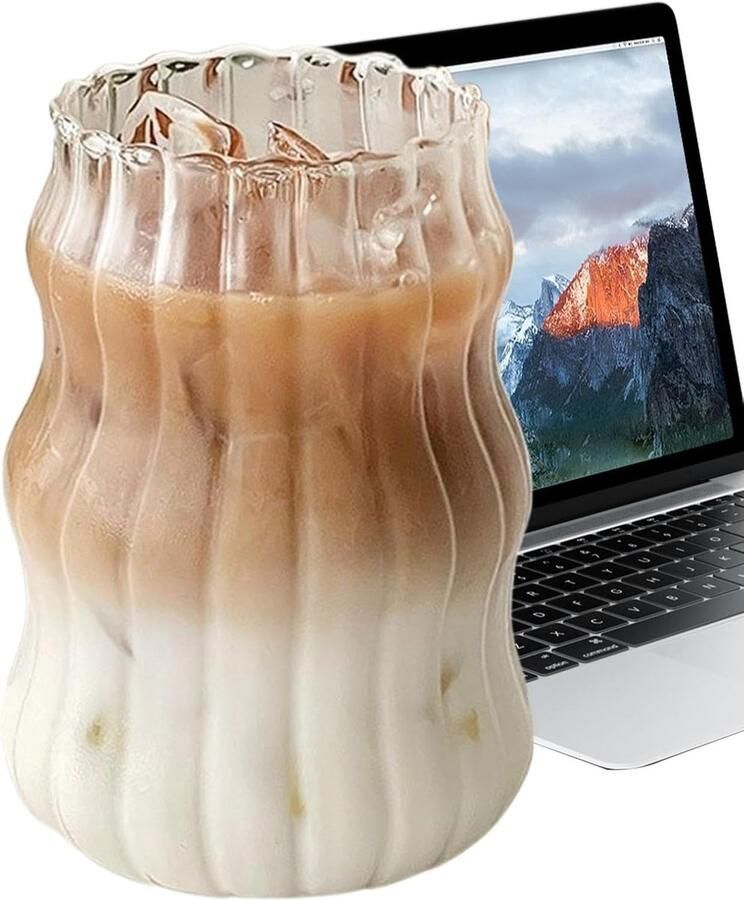 Glas 530 ml schattige gegolfde transparante glazen drinkbeker drinkglazen voor ijskoffie voor limonade sap melkthee frisdranken koffie wijn thuis bar en kantoor