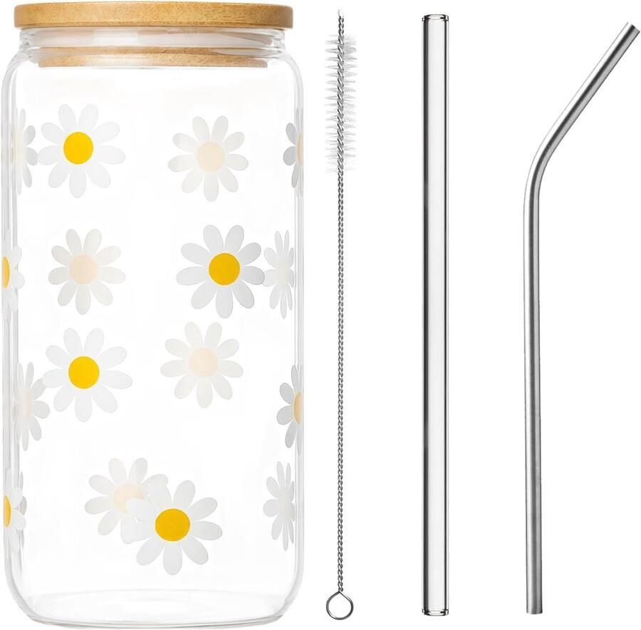 Glas Drinkglas met Rietje en Deksel Vintage Bloemdesign Bamboedeksel & Glazen Rietje Lekvrij 500ml 16oz voor Smoothie Sap Bubble Tea (bloemenpatroon)