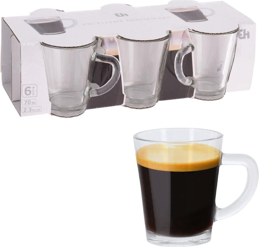 Glas Espresso Mokkabekers met Handvatten 70ml voor Warme Dranken Heldere Glazen voor Latte Cappuccino Thee Café Mokkabekers Dranken Koude Dranken Koffie Doorzichtige Beker Set van 6