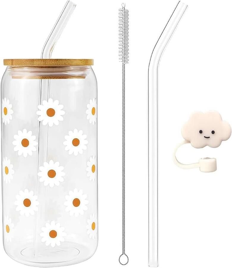 Gläser met Deksel en Rietje – 1 Stuk Bloemenmotief Glasbeker Reinigingsborstel Wolken-Deksel Esthetische Drinkglazen voor Smoothies & Dranken