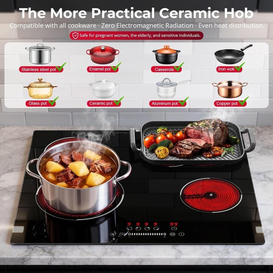 Glaskeramische Kookplaat 4 Zones Thuis Koken Flexibele Zones 59 cm Zwart - Foto 2