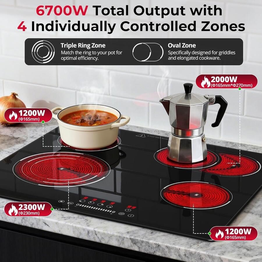 Glaskeramische Kookplaat 4 Zones Thuis Koken Flexibele Zones 59 cm Zwart