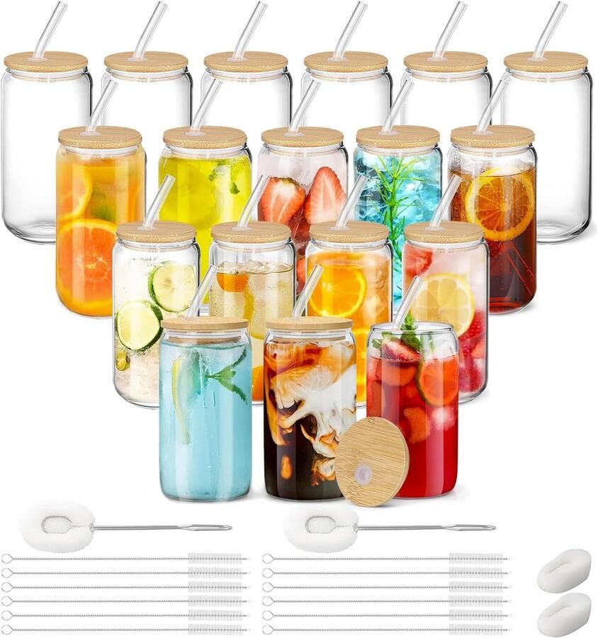 Glasses Cups Drinkglazen met rietjes en Deksel 12 bierblikjes ijskoffie doorzichtige bekers voor cocktails whisky cola sap frisdrank thee water cadeauset
