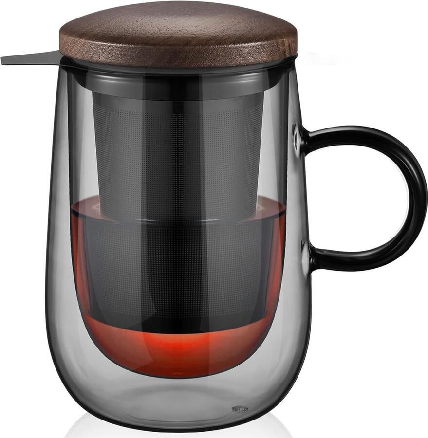 Glastal 430 ml (volledige capaciteit) dubbelwandig zwart glazen theekop met metalen zeef theeglas van borosilicaatglas mok met handvat voor zwarte thee groene thee vruchtenthee theezakje