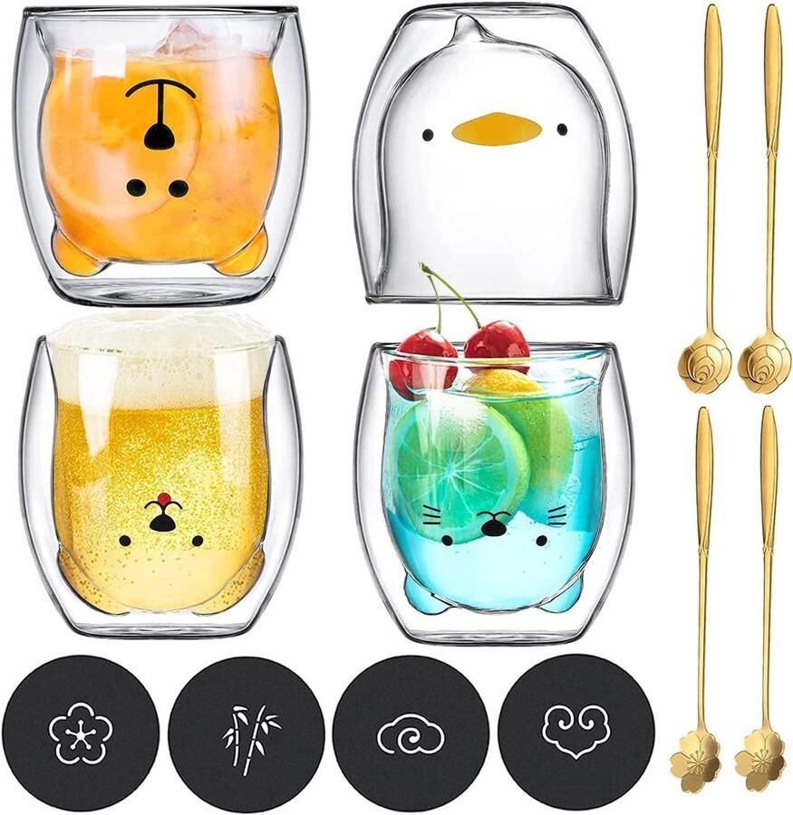 Glazen 4pcs Dubbelwandige Isolatieglazen met Lepel en Onderzetter Koffieglas Theeglazen Drinkglazen Espressoglazen Beker Creatieve Melkkopje Whisky Geschenk Mokken