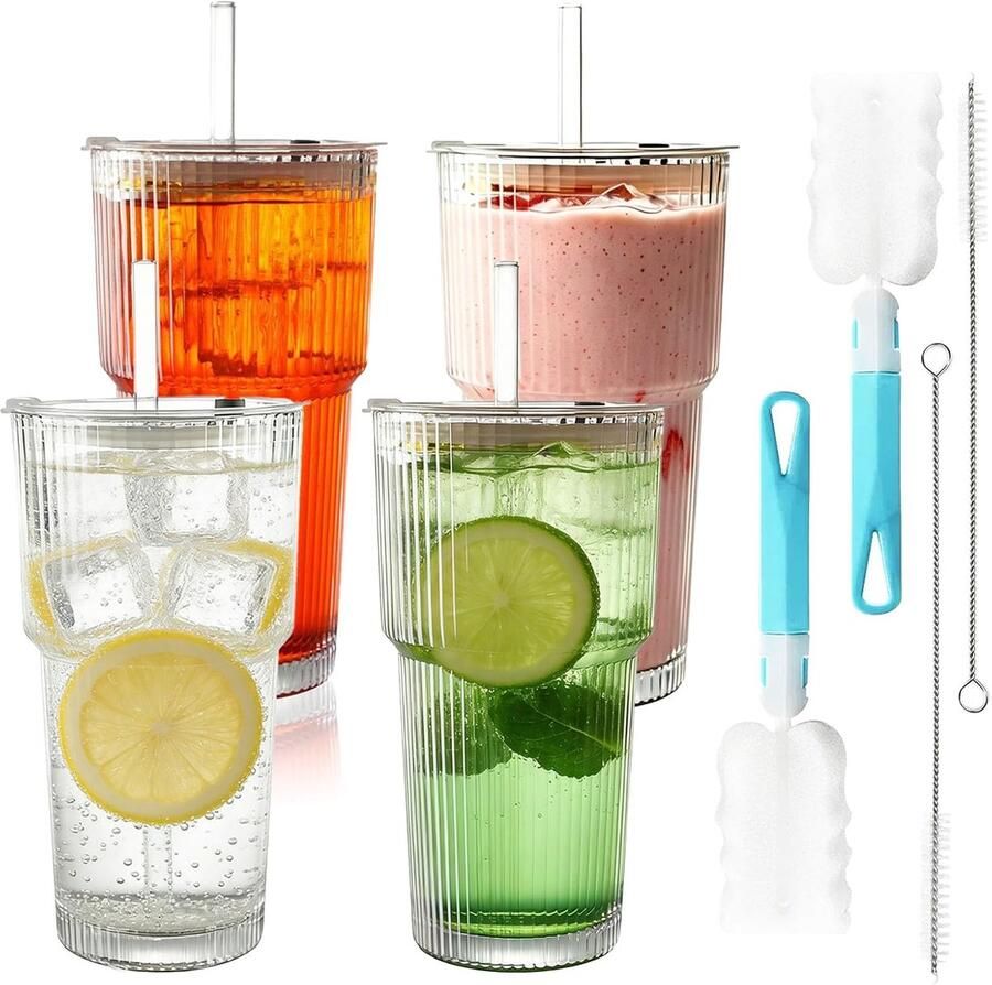 Glazen Beers Met Deksel En Rietje 600 Milliliter Capaciteit 4 Stuks Longdrinkglazen Voor Water Koffie En Smoothies Inclusief Reinigingsborstel