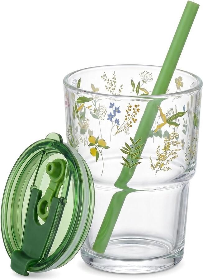 Glazen beker 435 ml met rietje en deksel hittebestendige glazen beker met groene bloemenstickers ideaal voor ijskoffie smoothies sappen en water zomergeur