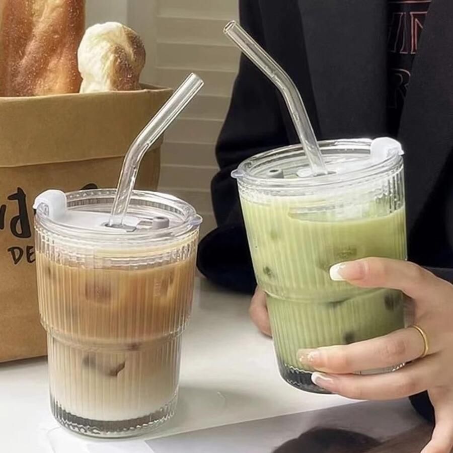 Glazen beker met deksel en rietje 400ml drinkbeker koffieglazen bierglazen reisbeker glazen smoothiebeker lekvrij ontwerp voor koffie cocktails thee 2 stuks