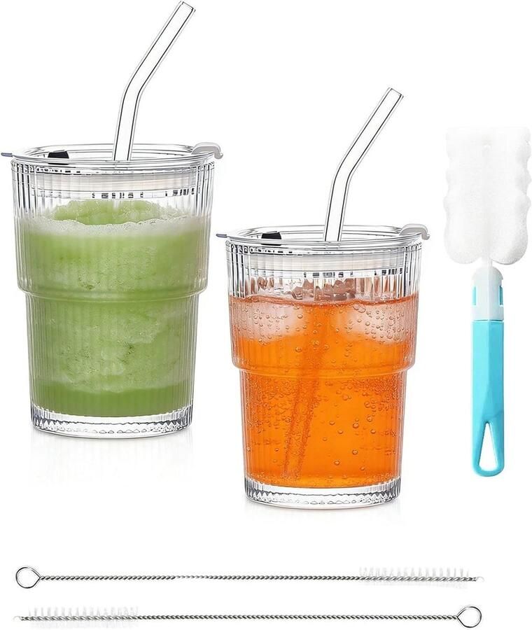 Glazen bekers 2 stuks glas met deksel en rietje 450 ml smoothiebeker glazen beker drinkglas ijskoffieglazen met reinigingsborstel voor latte macchiato whisky (korte stijl)