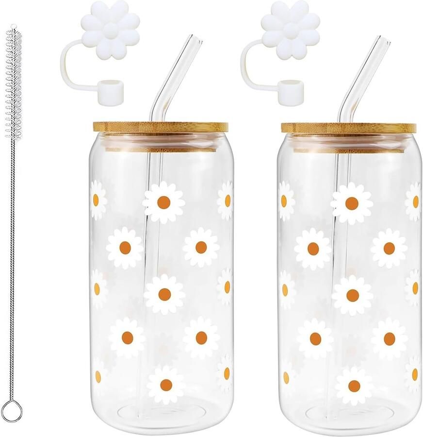 Glazen bekers met deksel en rietje madeliefjes met reinigingsborstel longdrinkglazen veelzijdig drinkglas voor koffie smoothie cocktail 2 stuks (witte zonnebloem)