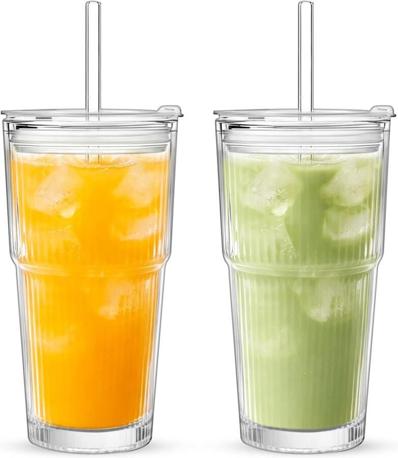 Glazen bekers met deksel en rietje van glas 600 ml 2 stuks