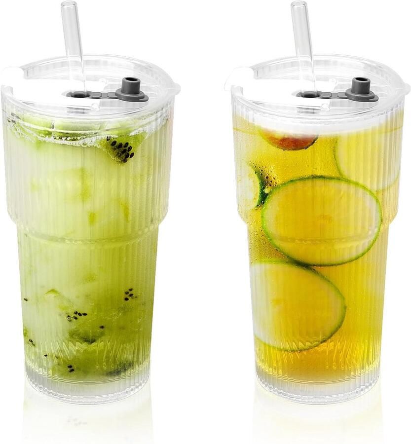 Glazen bekers van 600 ml met deksel en rietje drinkbeker met deksel en rietje glas smoothiebeker drinkglas ijskoffieglazen waterdicht design 2 stuks