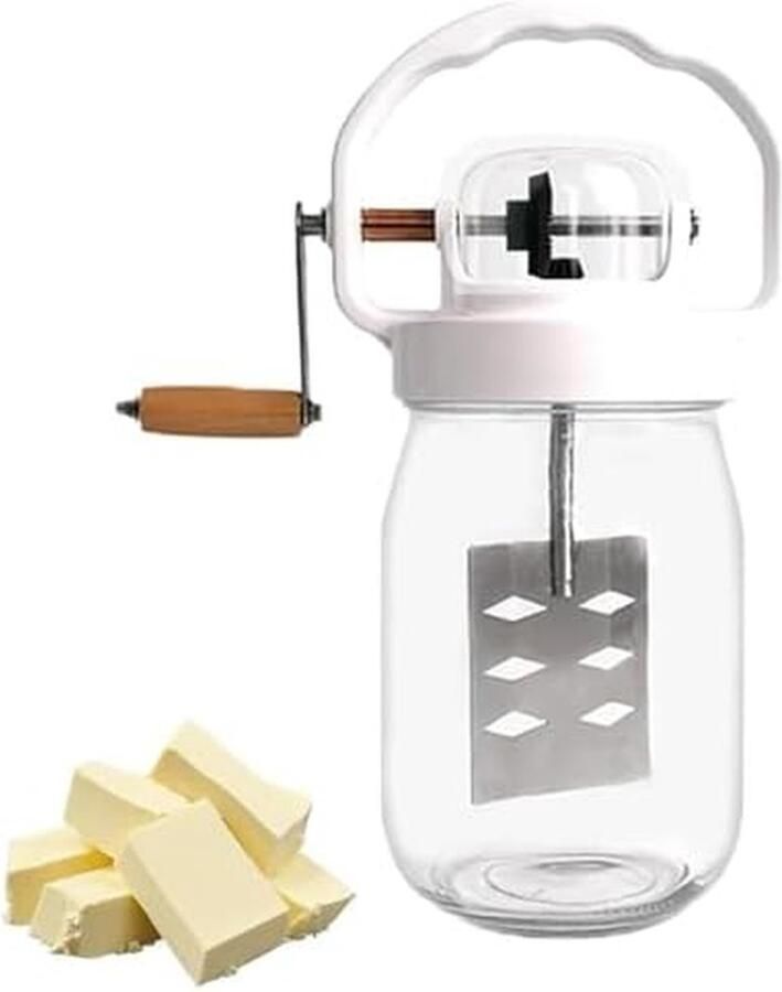 Glazen Boter Mixer Hand Crank Machine Zelf Boter Maken Efficiënt Mechanisme 1.5L Capaciteit Wit