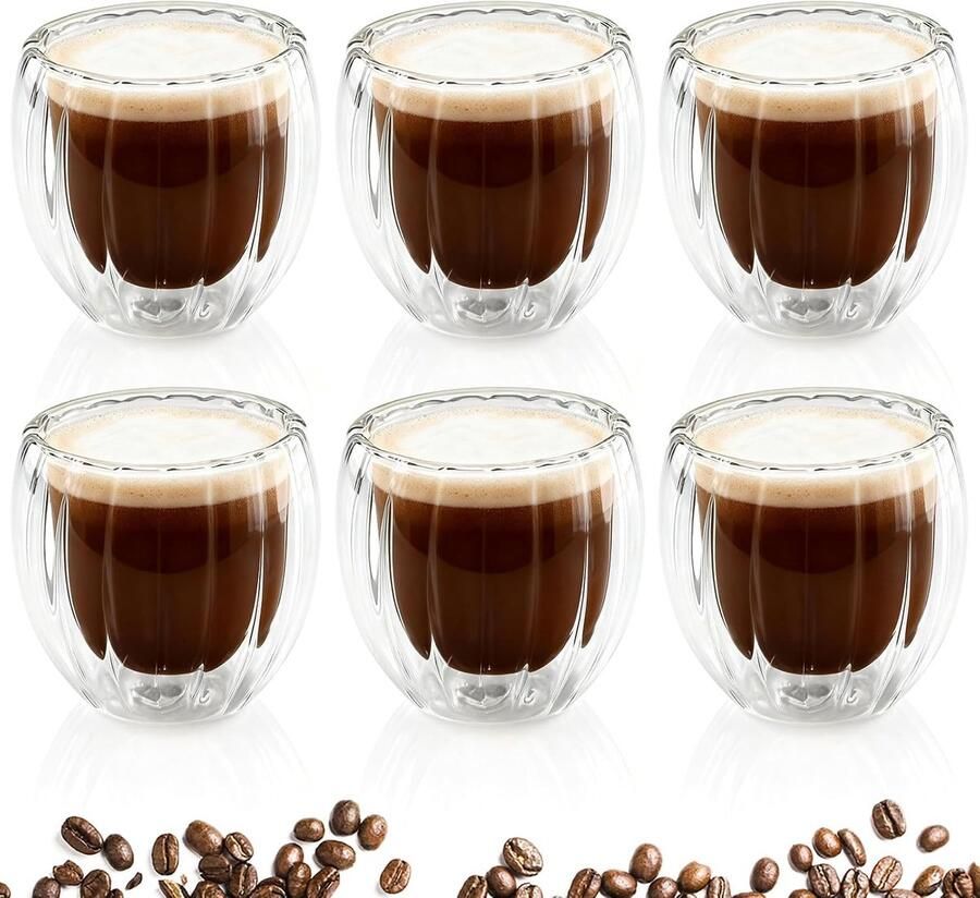 Glazen Dubbelwandig 6 x 80 ml Transparante Espressobekers Dubbelwandige koffieglazen van Borosilicaatglas voor Latte-thee Matcha Cappuccino Melk