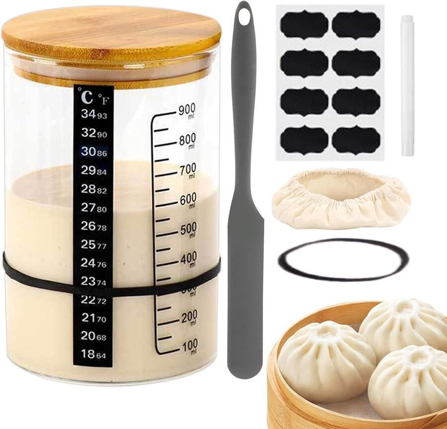 Glazen Fermentatiepot Broodbak Starter Zelf Brood Maken Met Temperatuurmeter 21 x 14 x 11 cm Transparant
