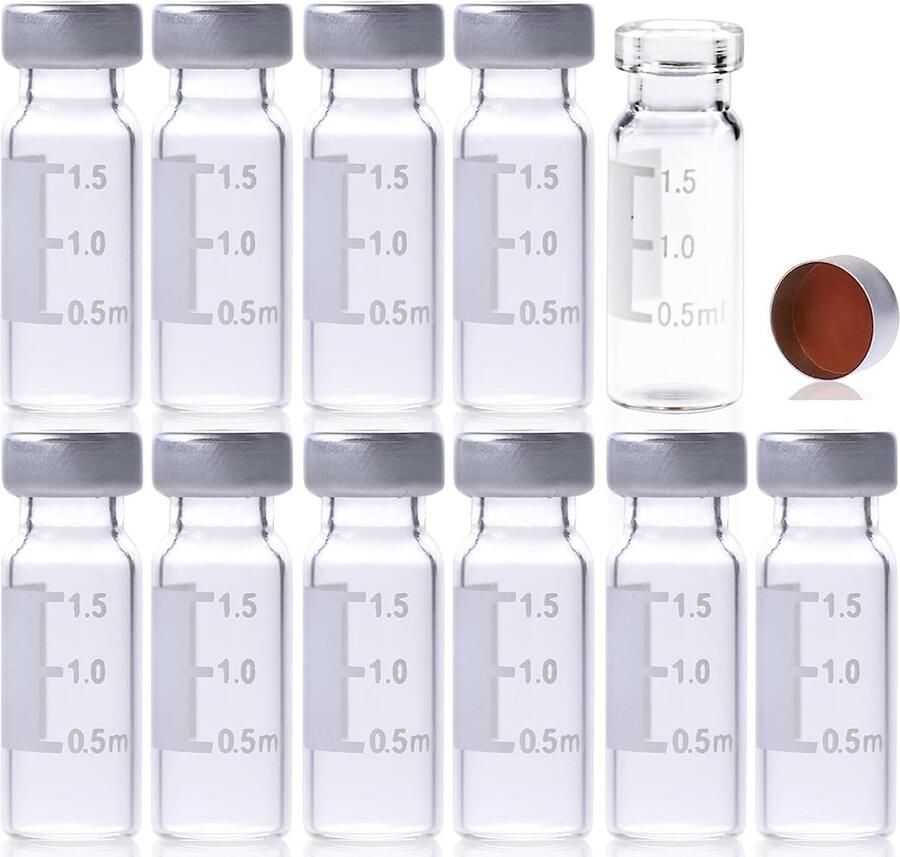 Glazen fles met platte bodem 11 mm brede opening Crimp Top Vial 2 ml Open Top Crimp Cap met transparant PTEF natuurlijk rubber rood-oranje septa 1 mm dik. Kit verpakking 100 stks pk