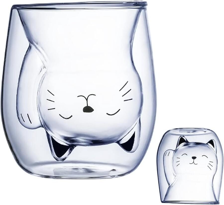 Glazen isolatieglazen schattige kopjes theeglas koffietheeglazen (200 ml) gelukkige kat