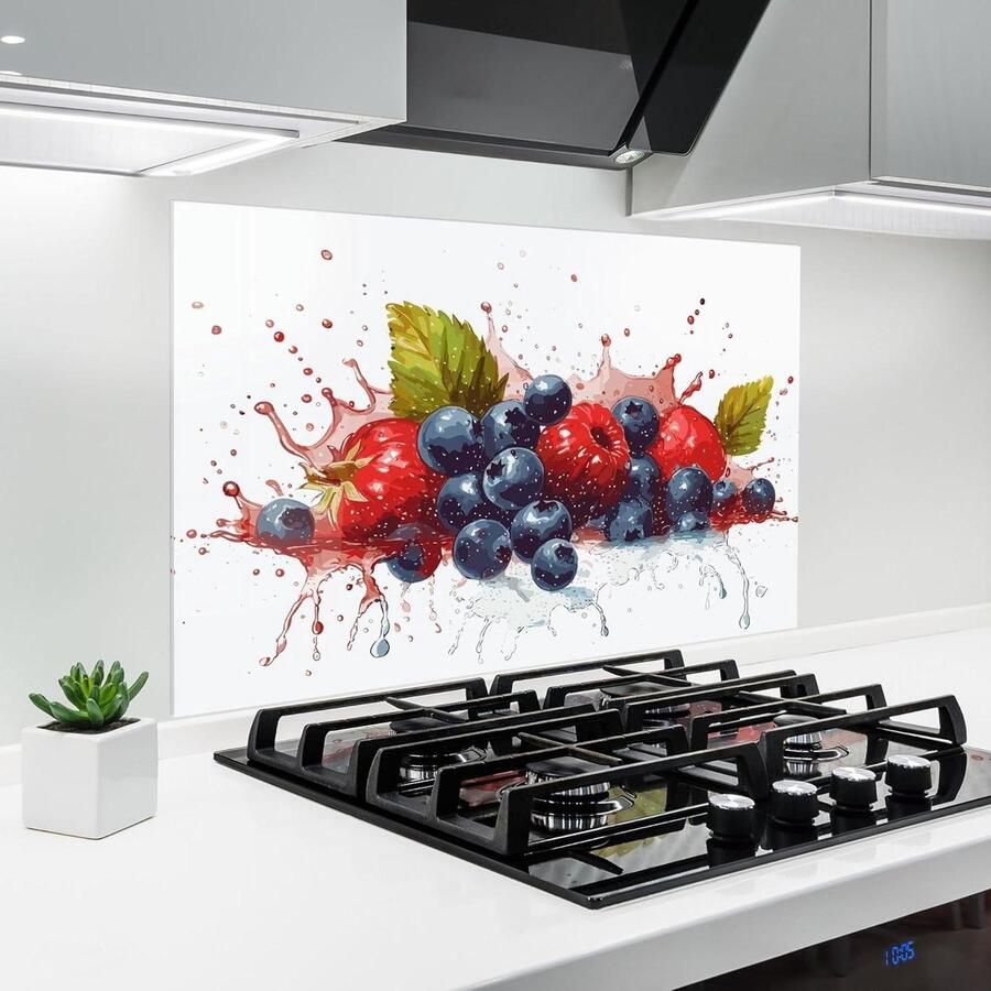 Glazen Keukenachterwand Spatbescherming Glas Koken Beschermen Hittebestendig 200°C 60x100 cm Berries Art