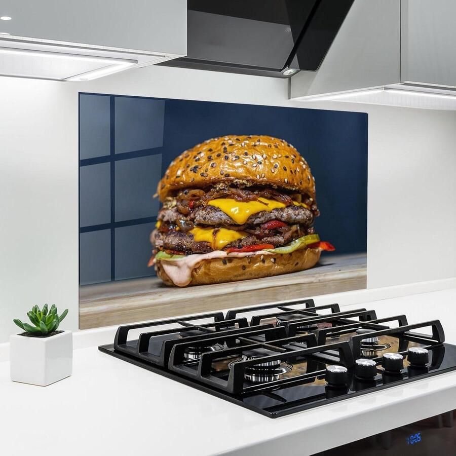 Glazen Keukenachterwand Spatbescherming Glasplaat Koken en Schoonmaken 3D Diepte Print 60x80 cm Tasty Hamburger