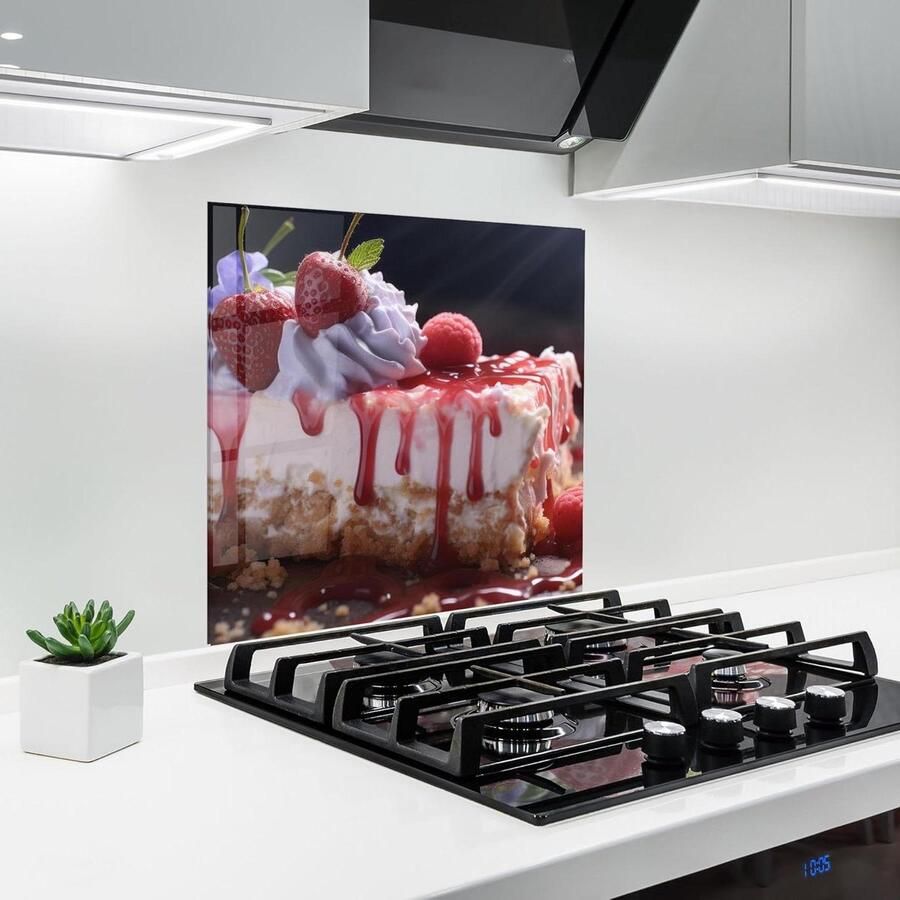 Glazen Keukenwand Spatwand Plaat Bescherming Koken 3D Effect Print 60x60 cm Aardbeien Taart