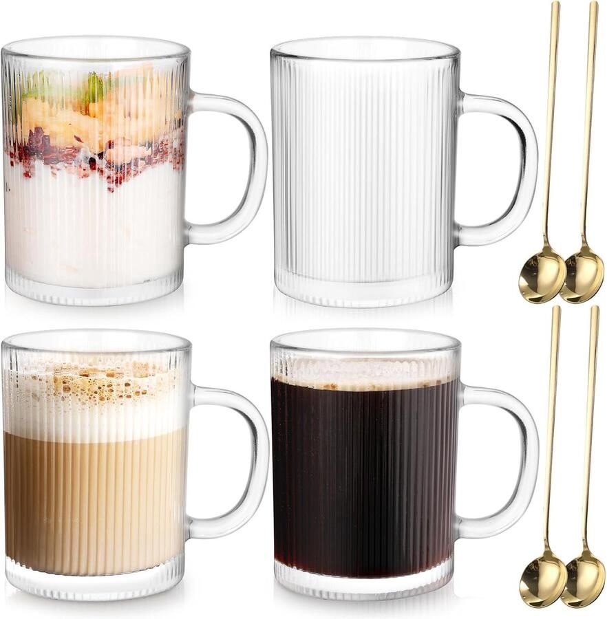 Glazen koffie mokken set van 4 350ml klassiek gestreept latte glas met handvat borosilicaat temperatuurbestendig glas koffiekopjes voor cappuccino macchiato thee melk sap koude & warme