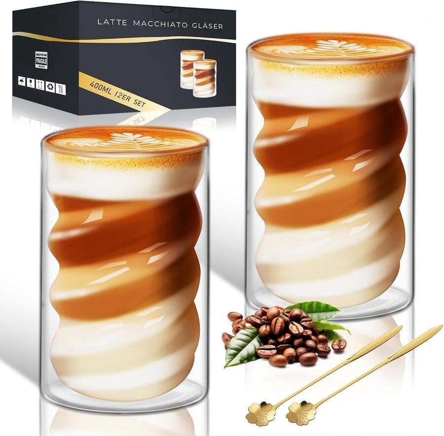 Glazen koffiekopjes 400 ml set van 2 cappuccinoglazen dubbelwandig met 2 lepels koffiekopjes van borosilicaat transparant
