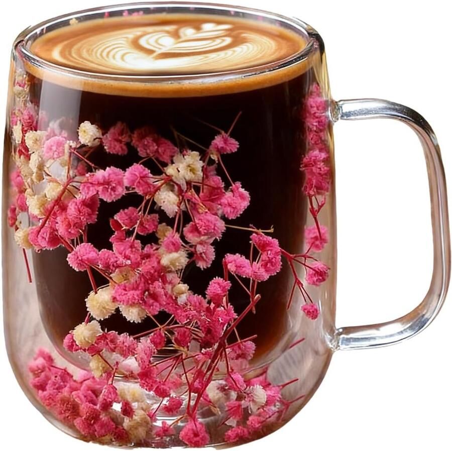 Glazen koffiekopjes dubbelwandig met transparante gedroogde bloemen en handvat theeservies voor verjaardag tuin balkon outdoor park thuis school