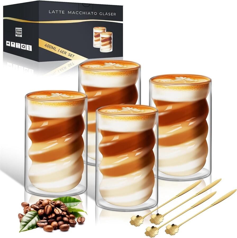 Glazen koffiekopjes set van 4 400 ml cappuccinoglazen dubbelwandig met 4 lepels borosilicaatbeker voor latte macchiato melk thee