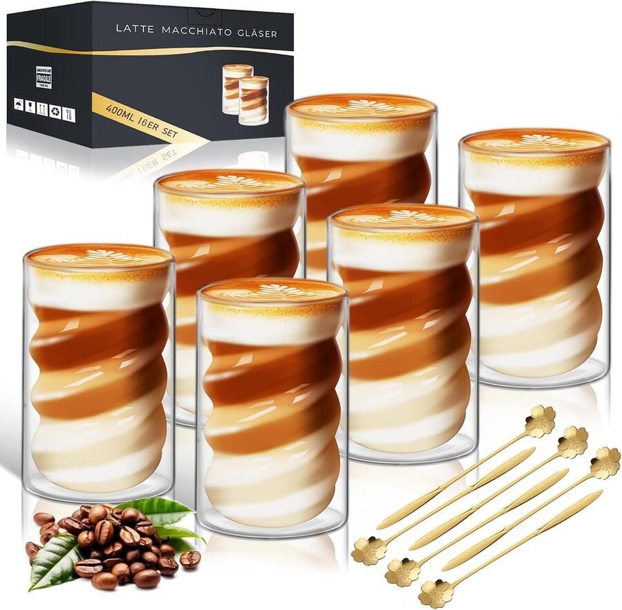 Glazen koffiekopjes set van 6 400 ml cappuccinoglazen dubbelwandig met 6 lepels voor latte macchiato latte thee