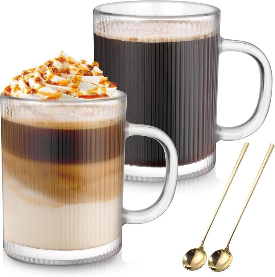 Glazen koffiemokken 2-pack 350ml Klassiek gestreept latte glas met handvat voor cappuccino macchiato thee melk sap koude & warme Transparant