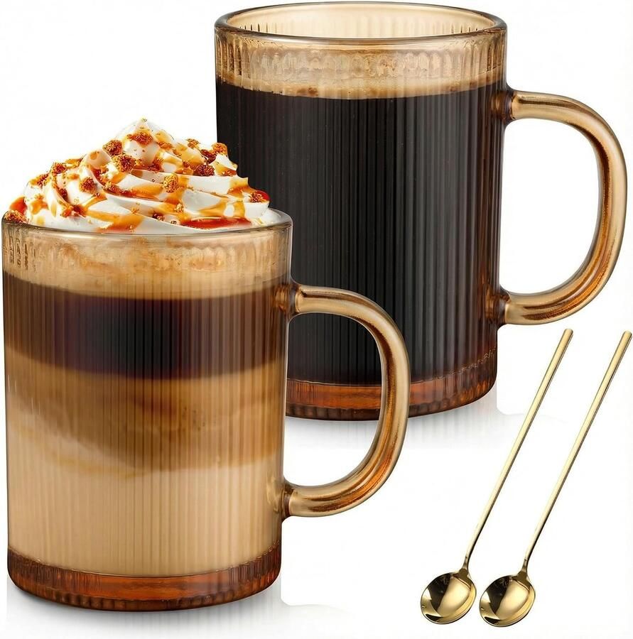 Glazen koffiemokken 2-pack 350ml Klassiek gestreept latte glas met handvat voor cappuccino macchiato thee melk sap koude & warme Goud