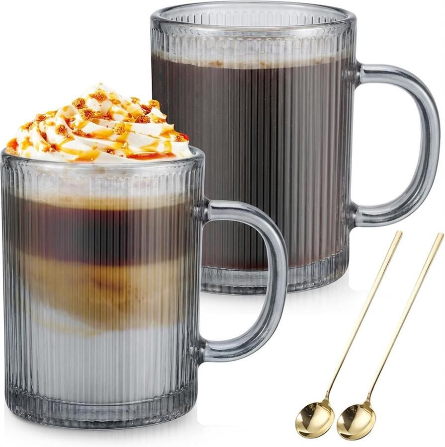Glazen koffiemokken 2-pack 350ml Klassiek gestreept latte glas met handvat voor cappuccino macchiato thee melk sap koude & warme Grijs