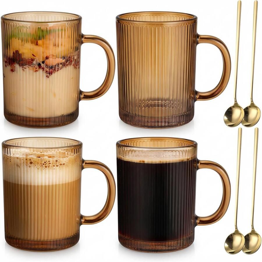 Glazen koffiemokken 4-pack 350ml Klassiek gestreept latte glas met handvat voor cappuccino macchiato thee melk sap koude & warme Goud