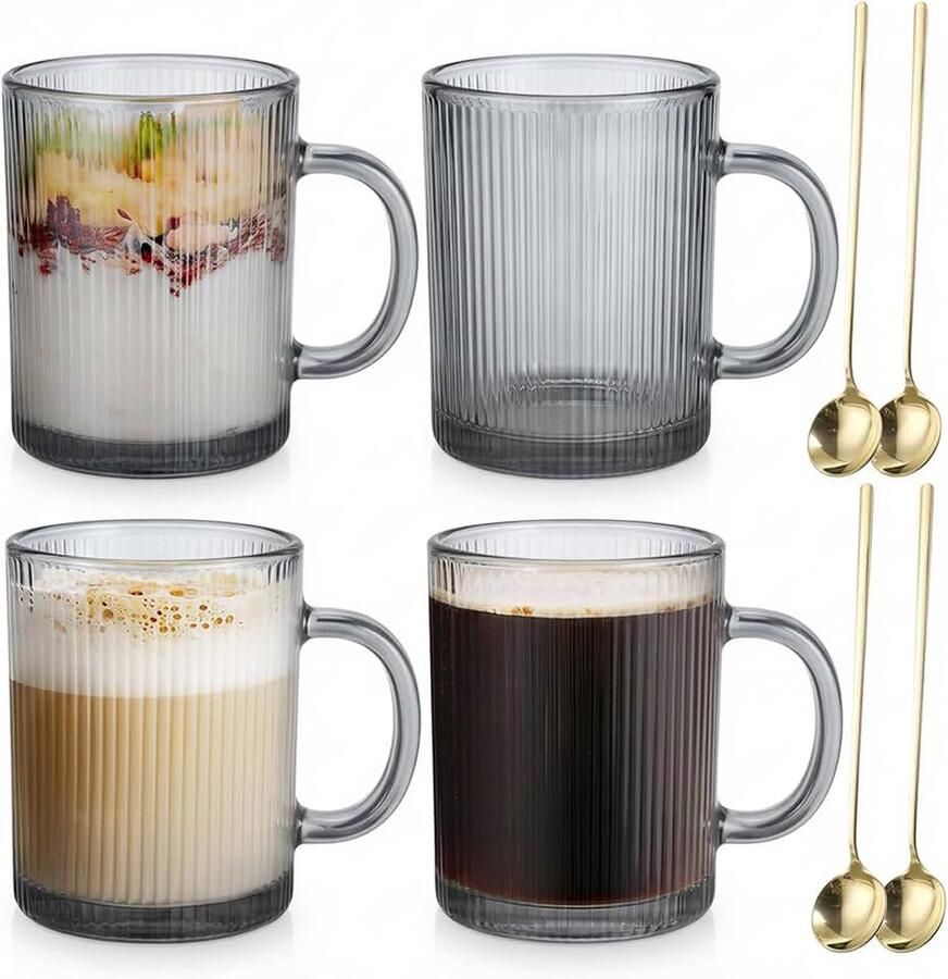 Glazen koffiemokken 4-pack 350ml Klassiek gestreept latte glas met handvat voor cappuccino macchiato thee melk sap koude & warme Grijs