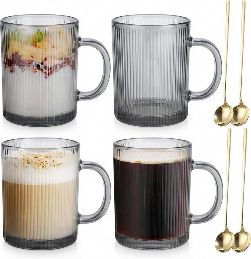 Glazen koffiemokken 4-pack 350ml Klassiek gestreept latte glas met handvat voor cappuccino macchiato thee melk sap koude & warme Grijs