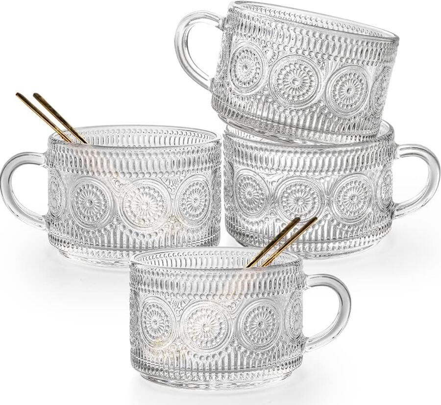 Glazen koffiemokken set van 4 14 oz reliëf glazen koffiekopjes stapelbare koffiemokken voor granen yoghurt latte heldere ontbijtbekers met handvat voor dranken (zonnebloem x 4)