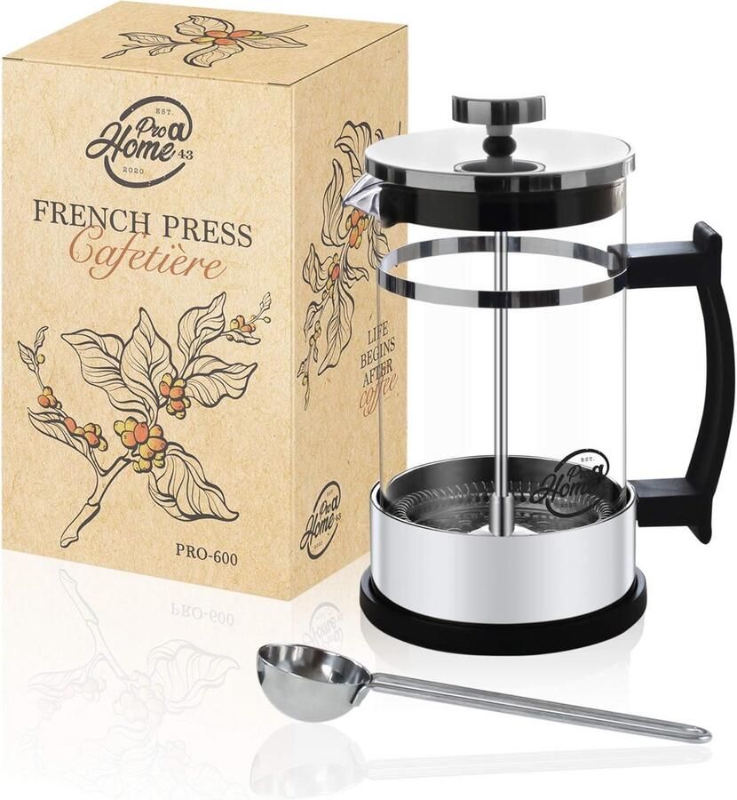 Glazen Koffiezetapparaat French Press voor 4 Personen Inclusief Koffielepel en Reservezeef